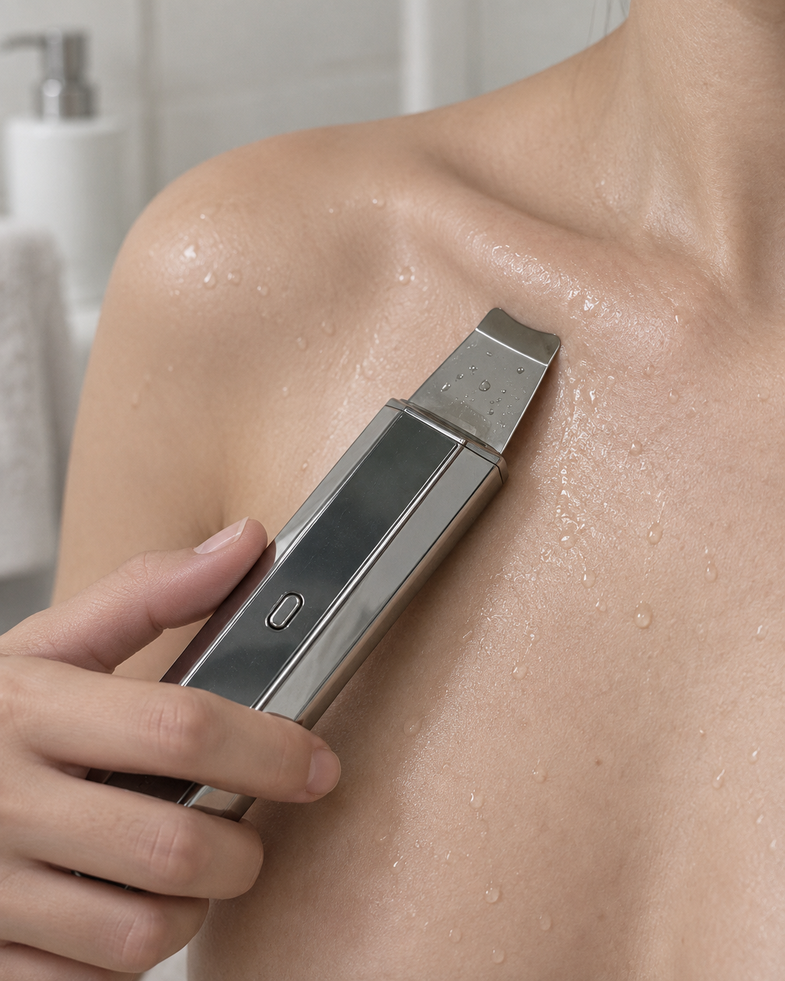 Ultrasonic skin spatula being used on the upper chest