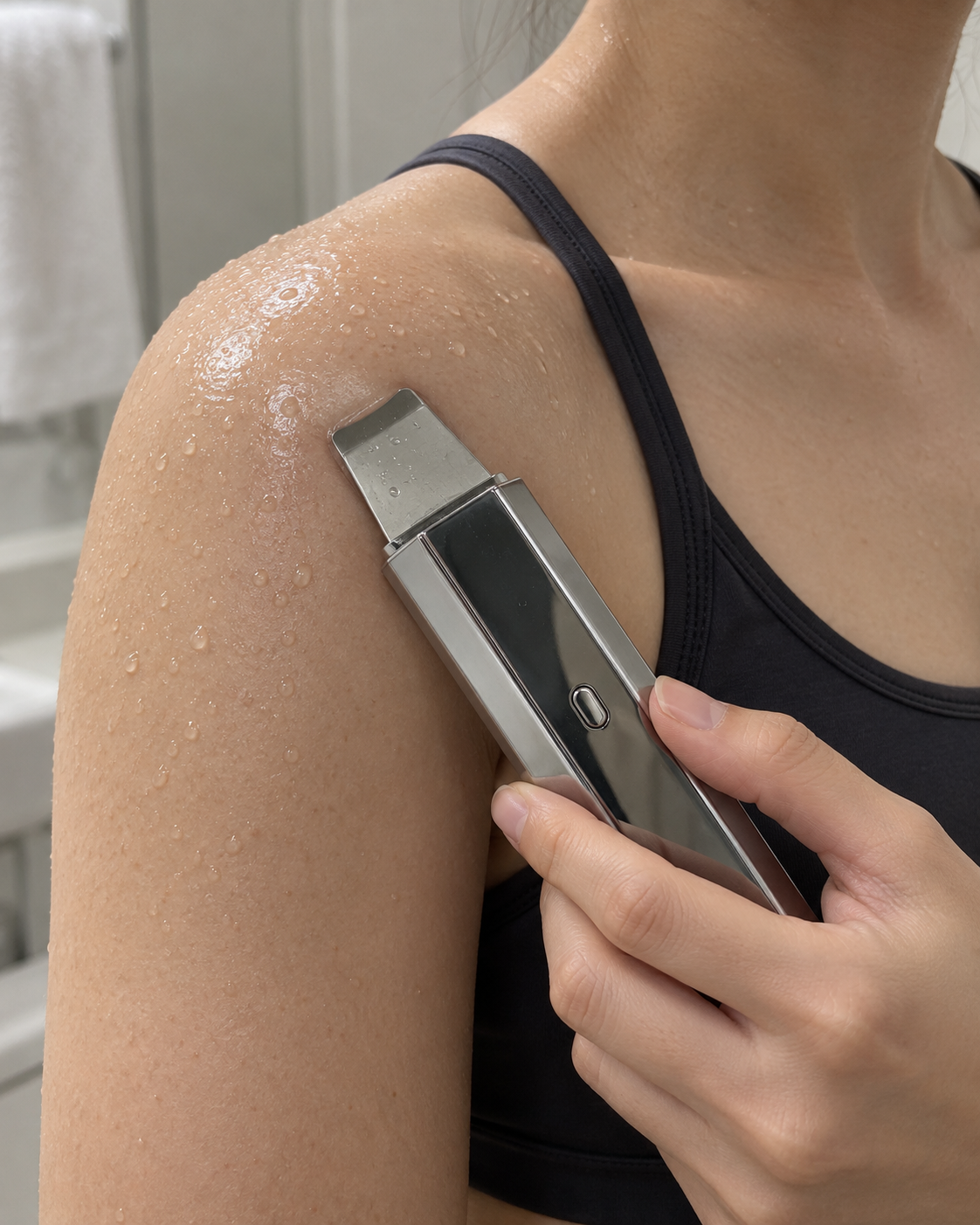 Ultrasonic skin spatula being used on the shoulder