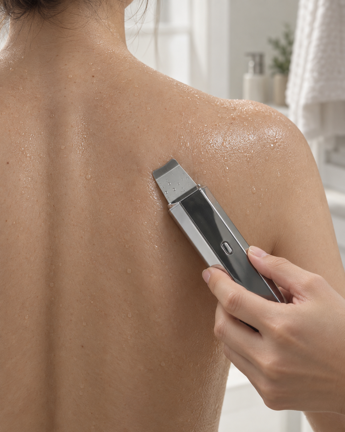 Ultrasonic skin spatula being used on the accessible upper back